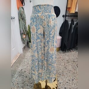Patrons of Peace Floral Wide Leg Pants in Blue and Cream